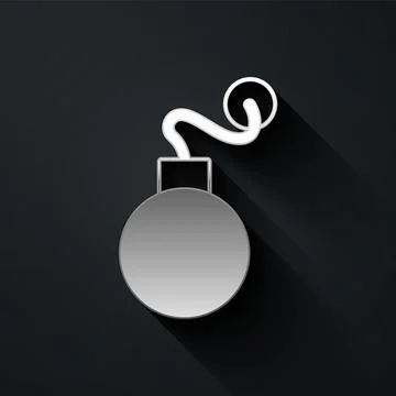 Silver Bomb ready to explode icon isolated on black background. Long shadow s イラスト素材