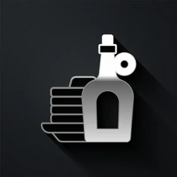Silver Bottle of maple syrup with stack of pancakes icon isolated on black 库存插图
