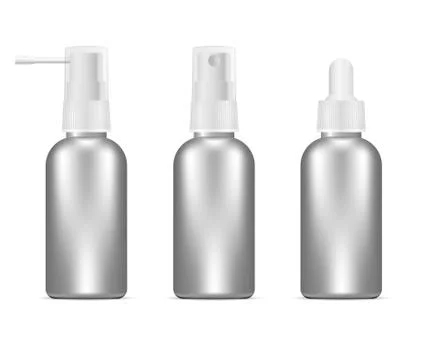 Silver bottles set for cosmetics or medical needs. Illustrazione stock