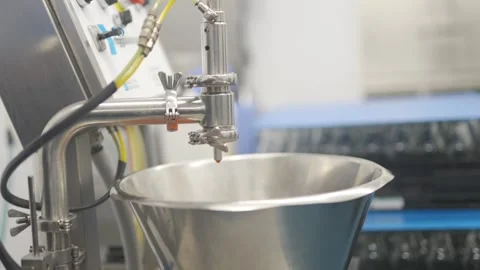 A silver bowl with a liquid in it is being poured into a machine Stock Footage 297840731
