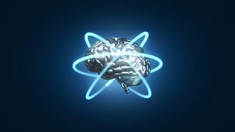 Silver brain with atomic electron paths in orbit - 3D rendered illustration Video stock 114008124