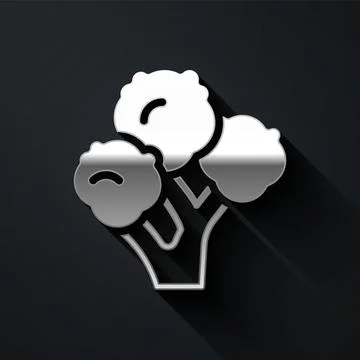 Silver Broccoli icon isolated on black background. Long shadow style. Vector Stock Illustration