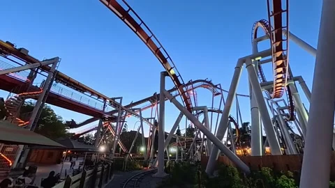 Silver Bullet Roller Coaster at Dusk – Full Ride Cycle, Knott’s Berry Farm Stock Footage 312708647