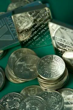 Silver bullion Stock Photos