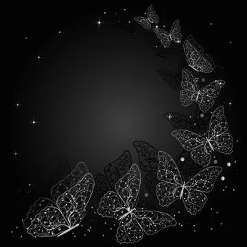 Silver butterflies on dark background Stock Illustration
