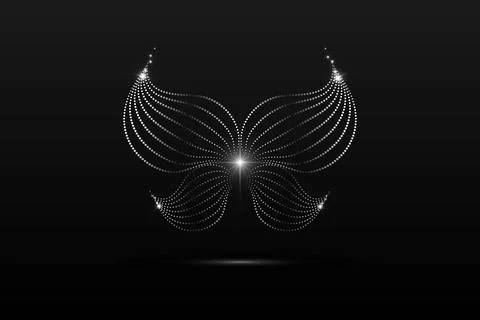 Silver butterfly linear wavy abstract on a black background. Angel wings. Vector Illustrazione stock