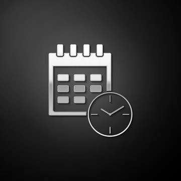 Silver Calendar and clock icon isolated on black background. Schedule Illustrazione stock