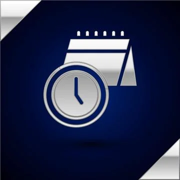 Silver Calendar and clock icon isolated on dark blue background. Schedule, ap 스톡 일러스트