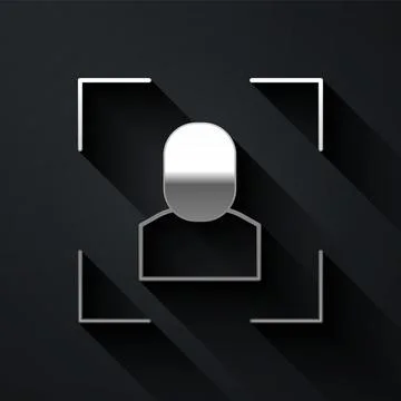 Silver Camera focus frame line icon isolated on black background. Long shadow Stock Illustration