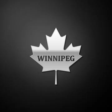 Silver Canadian maple leaf with city name Winnipeg icon isolated on black イラスト素材