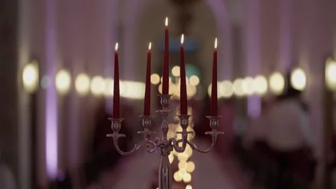 Silver Candelabra with Red Taper Candles at Elegant Event Stock Footage 342762569