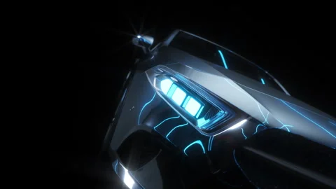 A silver car with the effect of neon glare on the body of a blue color Video stock 273475072