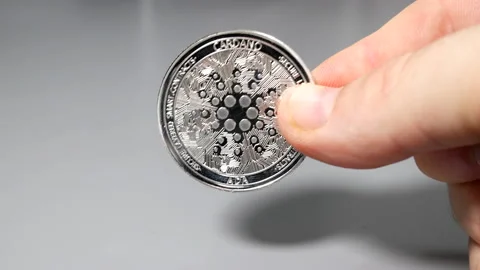Silver cardano coin held between fingers in hand on gey table Stock Footage 161376334