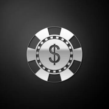 Silver Casino chip and dollar symbol icon isolated on black background. Long Stock Illustration
