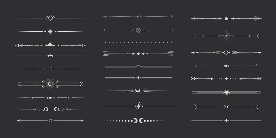 Silver celestial divider thin line border decoration. Collection tribal with Illustrazione stock