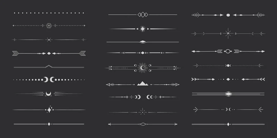 Silver celestial divider thin line border decoration. Collection tribal with Illustrazione stock