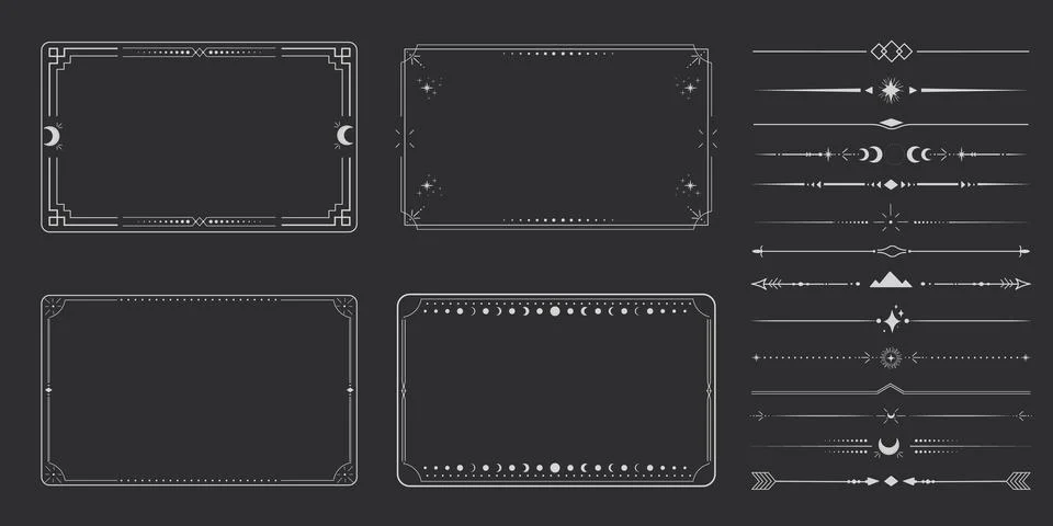 Silver celestial minimal esoteric frame, thin line border, divider mystyc linear Stock Illustration