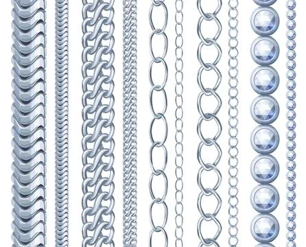 Silver chains collection, vector cartoon illustration of jewelry chains isolated Stock Illustration