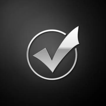 Silver Check mark in round icon isolated on black background. Check list button Stock Illustration