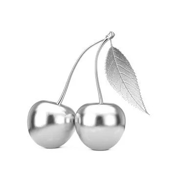 Silver Cherry Fruit with Leaf. 3d Rendering Stock Illustration