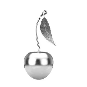 Silver Cherry Fruit with Leaf. 3d Rendering Stock Illustration