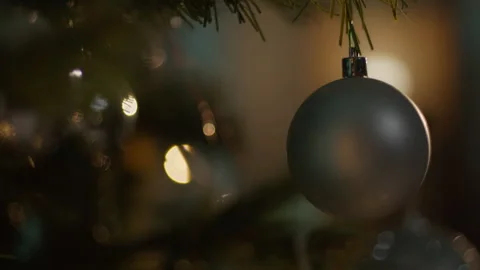 Silver Christmas ball hanging from the tree Stock Footage 255596209