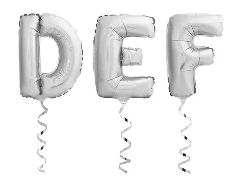 Silver chrome D, E, F made of inflatable balloons with ribbons isolated on white Stock Photos