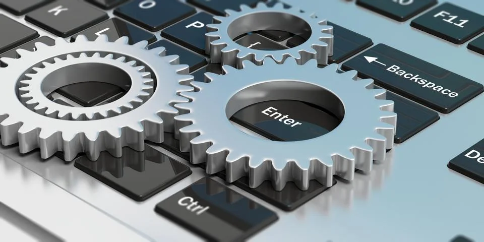 Silver chrome gears on a computer keyboard. 3d illustration Stock Illustration