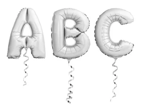 Silver chrome letters ABC made of inflatable balloons with ribbons isolated on Stock Photos