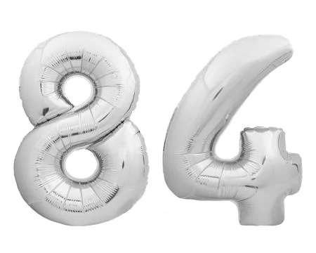 Silver chrome number 84 eighty four made of inflatable balloon on white Foto stock