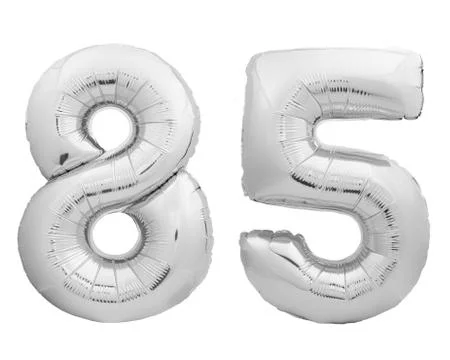 Silver chrome number 84 eighty four made of inflatable balloon on white Stock Photos
