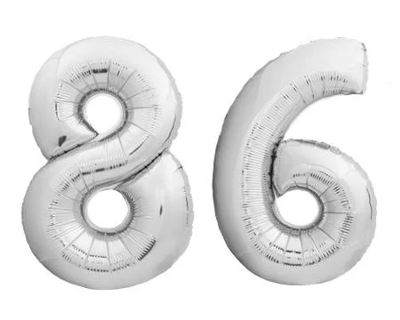 Silver chrome number 86 eighty six made of inflatable balloon on white Stock-Fotos