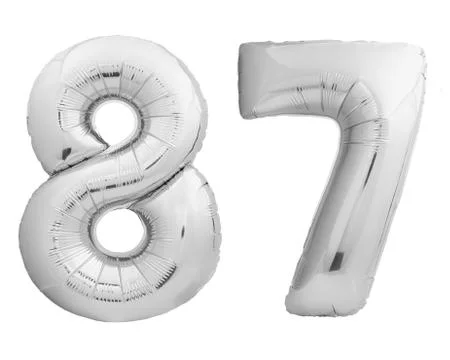 Silver chrome number 87 eighty seven made of inflatable balloon on white Stock Photos