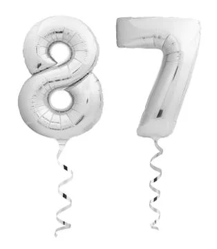 Silver chrome number eighty seven 87 made of inflatable balloon with ribbon on Stock Photos