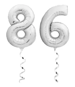 Silver chrome number eighty six 86 made of inflatable balloon with ribbon on Stock Photos