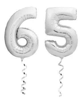Silver chrome sixty five 65 made of inflatable balloon with ribbon on white Stock Photos