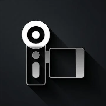 Silver Cinema camera icon isolated on black background. Video camera. Movie.. Illustrazione stock
