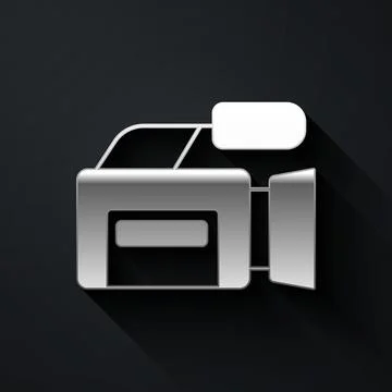 Silver Cinema camera icon isolated on black background. Video camera. Movie.. Illustrazione stock