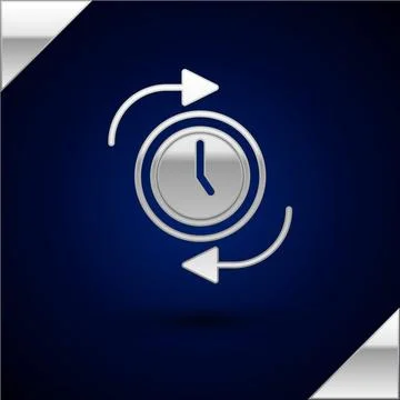 Silver Clock with arrow icon isolated on dark blue background. Time symbol. C Stock-Illustration