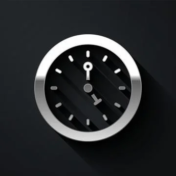 Silver Clock icon isolated on black background. Time symbol. Long shadow style Stock Illustration