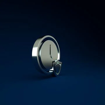 Silver Clock with shield icon isolated on blue background. Security, safety,  Stock Illustration