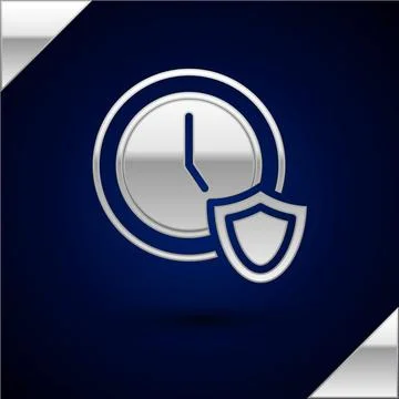 Silver Clock with shield icon isolated on dark blue background. Security, safety Stock Illustration