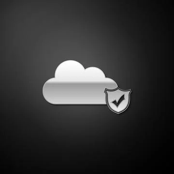 Silver Cloud and shield with check mark icon isolated on black background. Cloud Stock Illustration