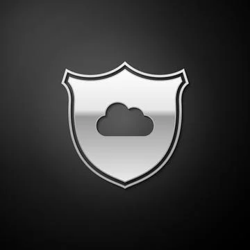 Silver Cloud and shield icon isolated on black background. Cloud storage data Illustrazione stock