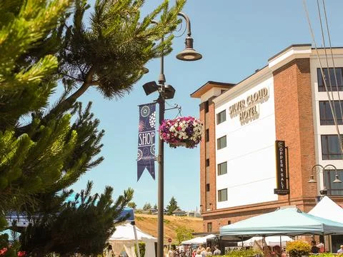 Silver Cloud Hotel building and shopping street at Point Ruston waterfront... Stock Photos