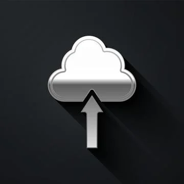 Silver Cloud upload icon isolated on black background. Long shadow style. Vector Illustrazione stock