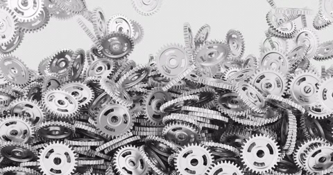 Silver cogwheels, metallic gears falling and fill the screen. 3D animation .. Stock Footage 301604518