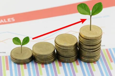Silver coin stack and treetop. Foto stock