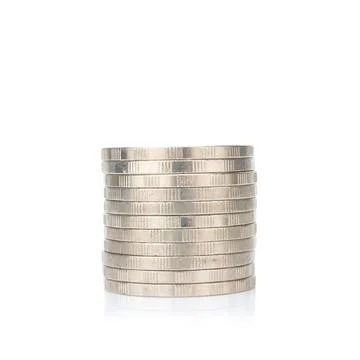 Silver coin stack. town. pile. isolated on white background Stock Photos