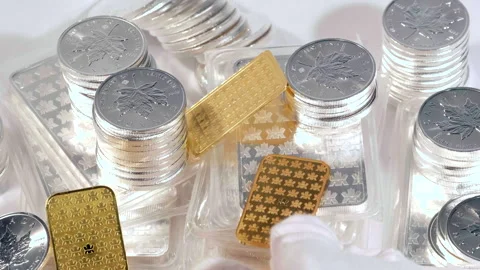 Silver Coins and Gold Bars Business Wealth Money Investment Background Stock Footage 289326357